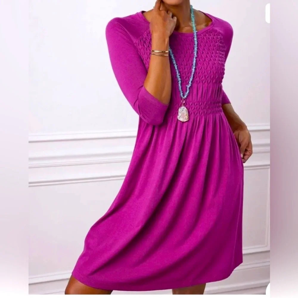 Soft Surroundings Dark Fuchsia Purple Sylvie Smocked Dress Size L